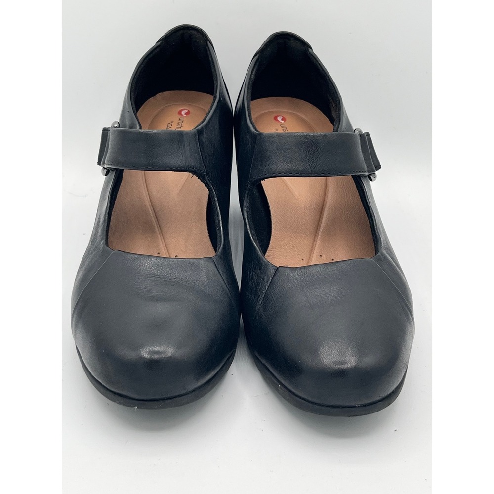 Clarks Unstructured Un Damson Black Leather Mary Jane Block Heel Pumps Sz 6.5M